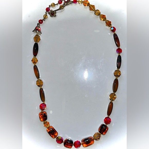 Vintage Signed Designer Regency High End Amber Red Crystal Glass Beaded Necklace - Picture 1 of 15